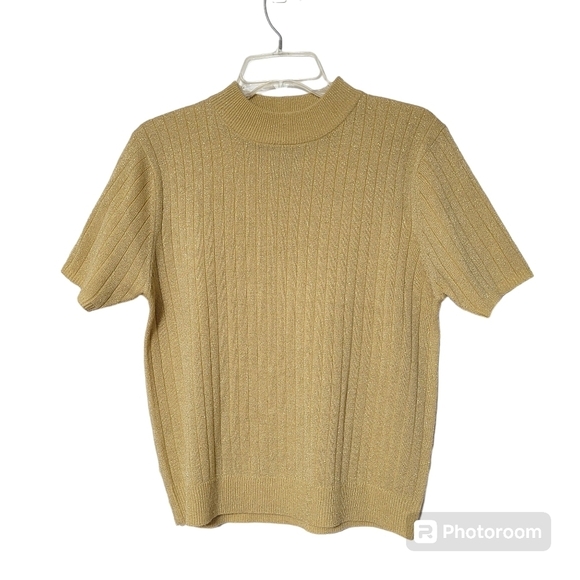 Sag Harbor Gold Shimmer Metallic Lurex Ribbed Short Sleeve Sweater Top Small - Picture 6 of 6